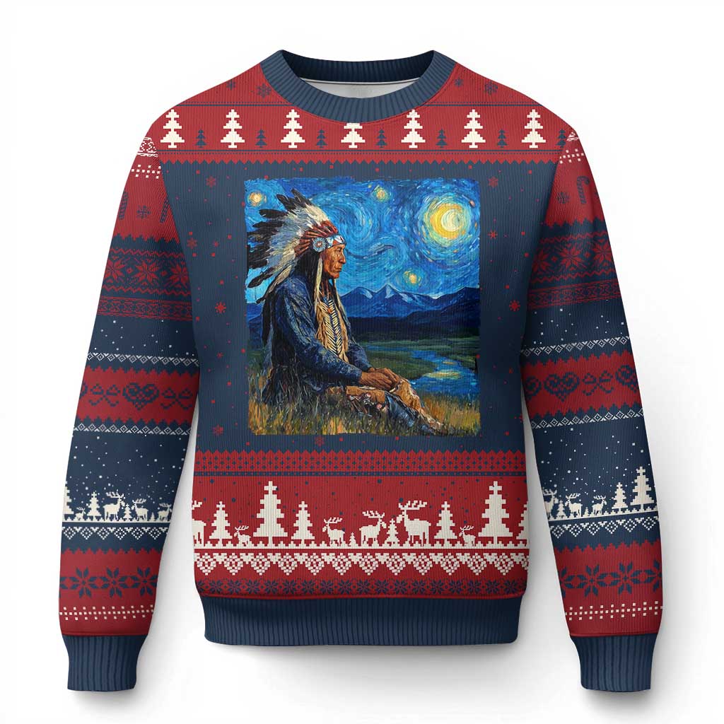 Native American Indian Van Goghs Starry Night Ugly Christmas Sweater - Wonder Print Shop