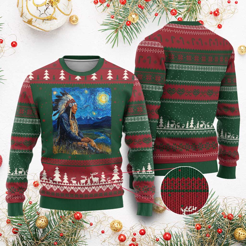 Native American Indian Van Goghs Starry Night Ugly Christmas Sweater - Wonder Print Shop