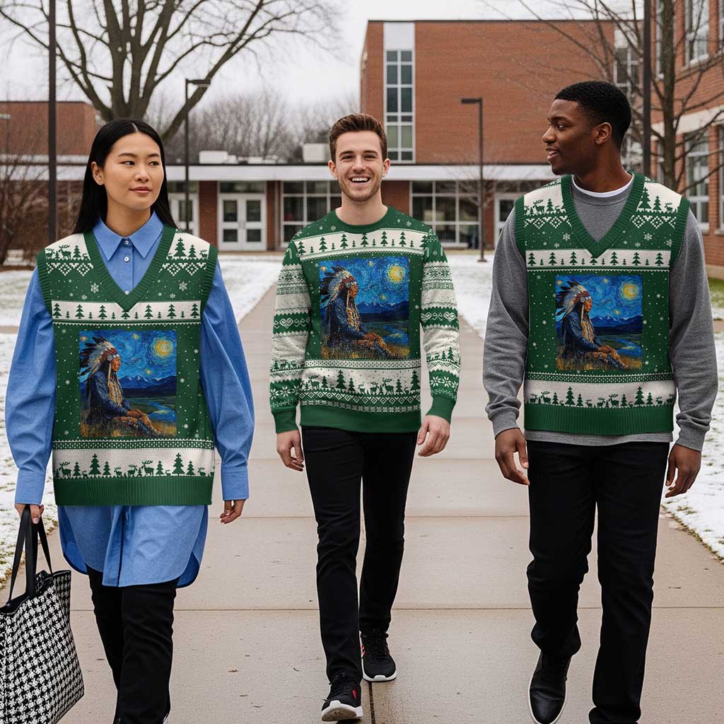 Native American Indian Van Goghs Starry Night V-Neck Knit Sweater Vest - Wonder Print Shop