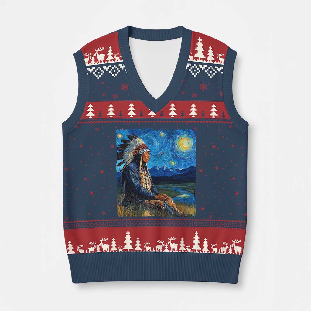 Native American Indian Van Goghs Starry Night V-Neck Knit Sweater Vest - Wonder Print Shop