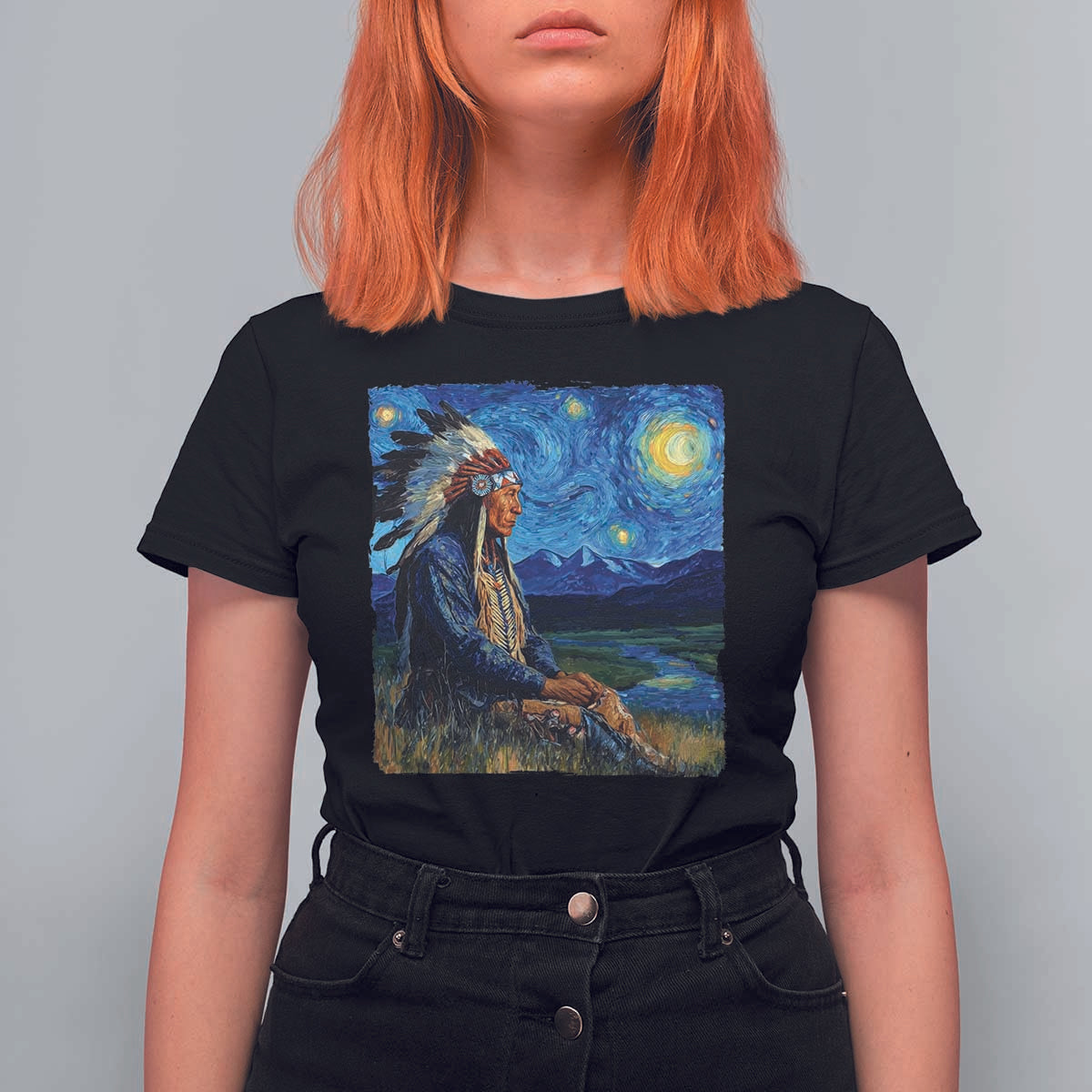 Native American Indian Van Goghs Starry Night T Shirt For Women - Wonder Print Shop