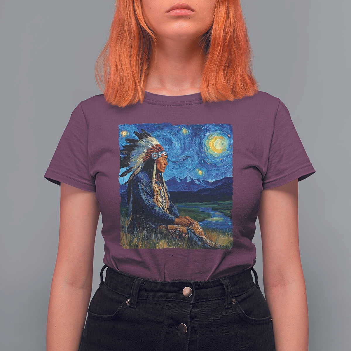 Native American Indian Van Goghs Starry Night T Shirt For Women - Wonder Print Shop