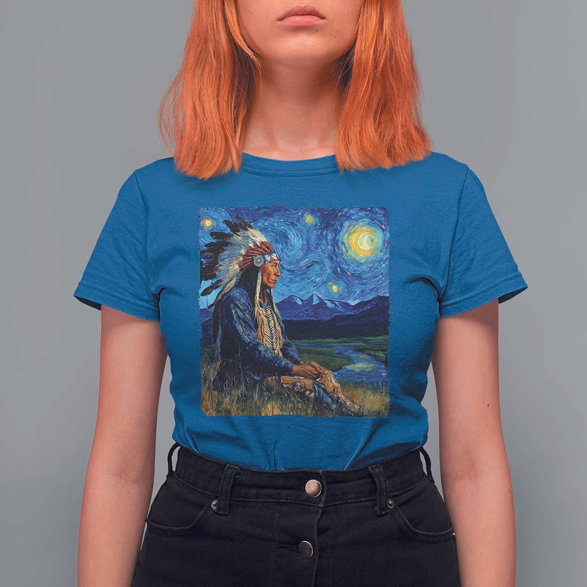 Native American Indian Van Goghs Starry Night T Shirt For Women - Wonder Print Shop