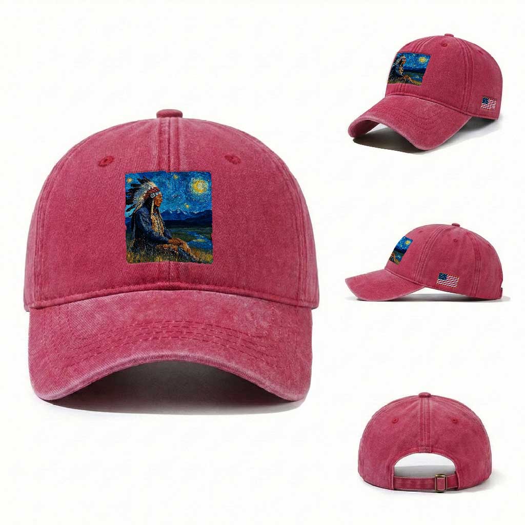 Native American Indian Van Goghs Starry Night Washed Cotton Baseball Cap