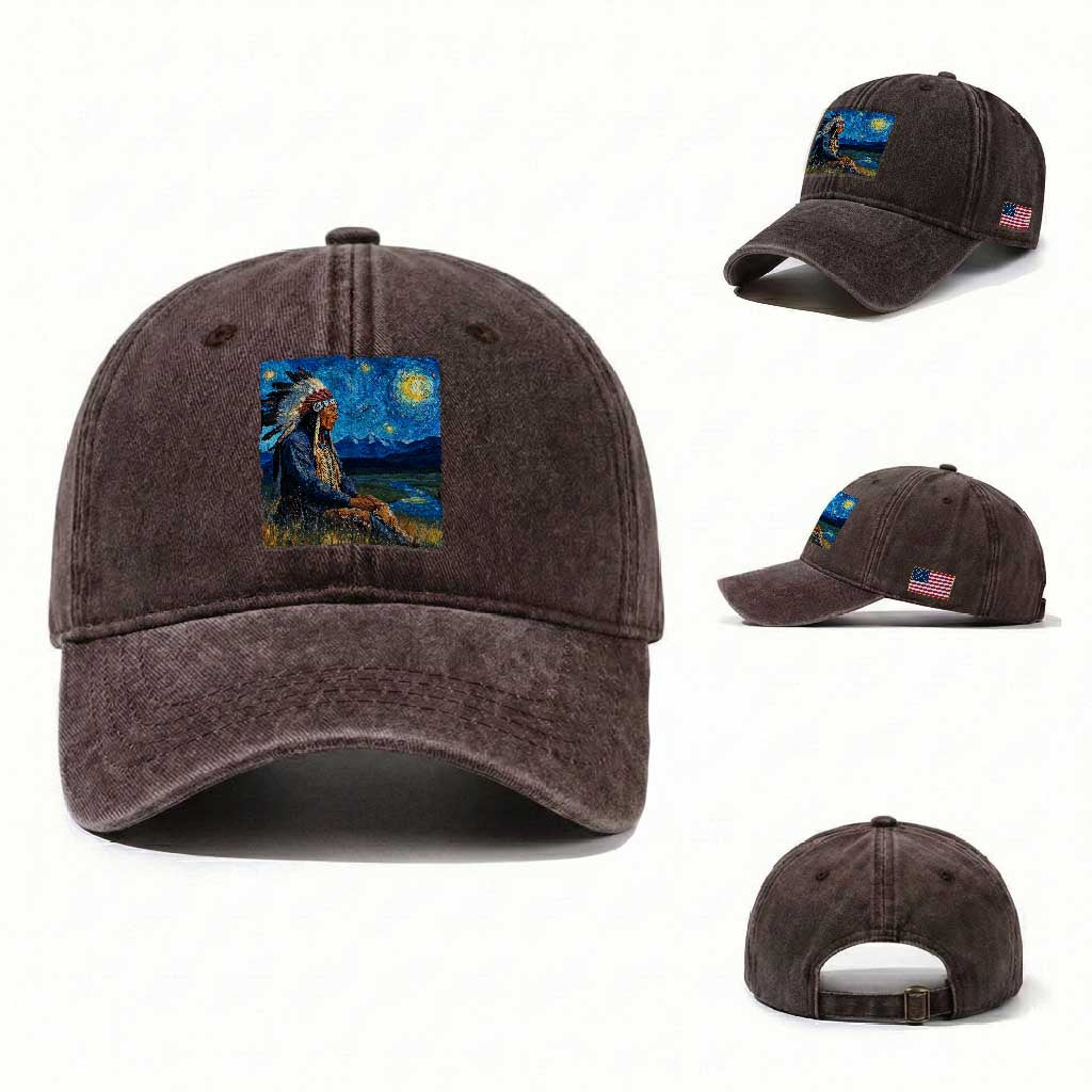 Native American Indian Van Goghs Starry Night Washed Cotton Baseball Cap