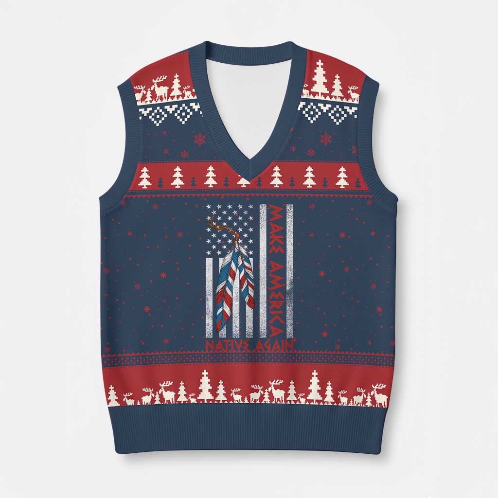 Make America Native Again V-Neck Knit Sweater Vest Indigenous Peoples Day USA Flag - Wonder Print Shop