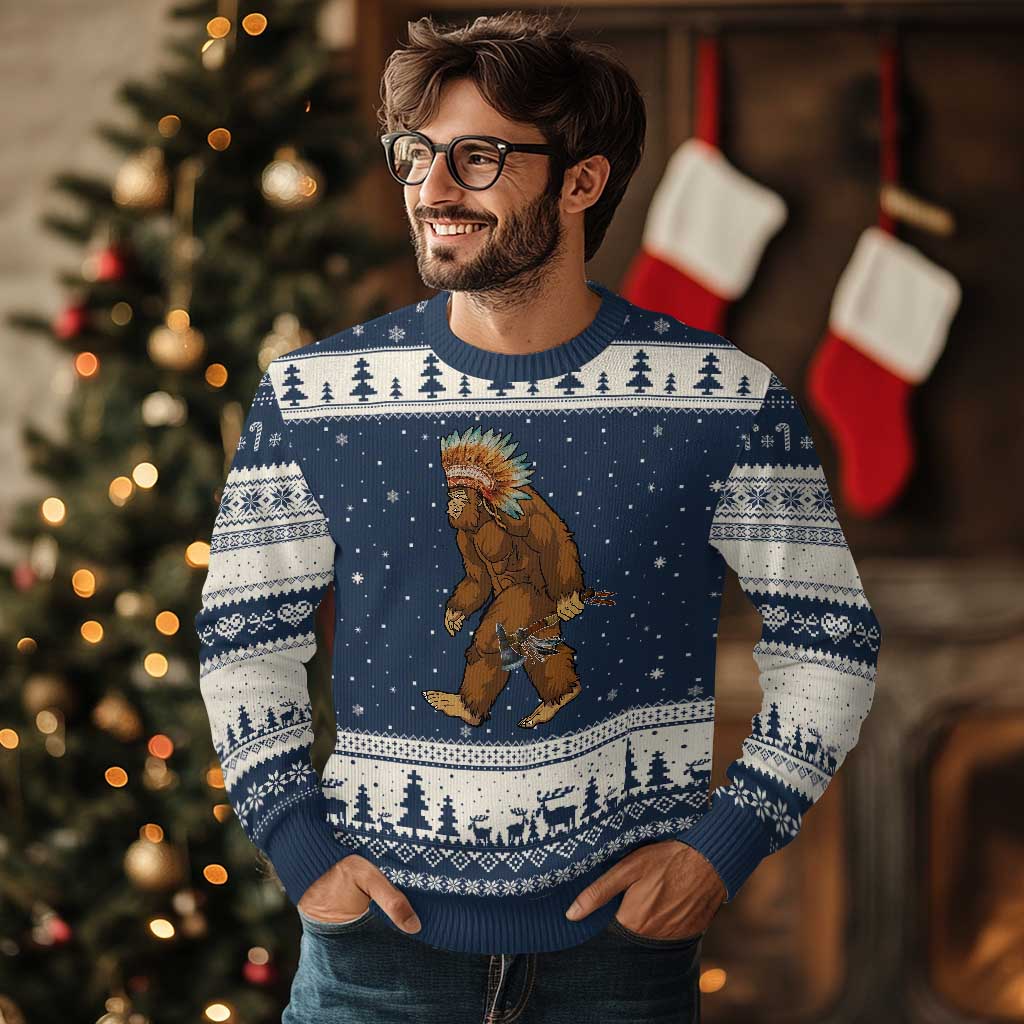 Funny Bigfoot American Indian Native Sasquatch Tomahawk Ugly Christmas Sweater - Wonder Print Shop