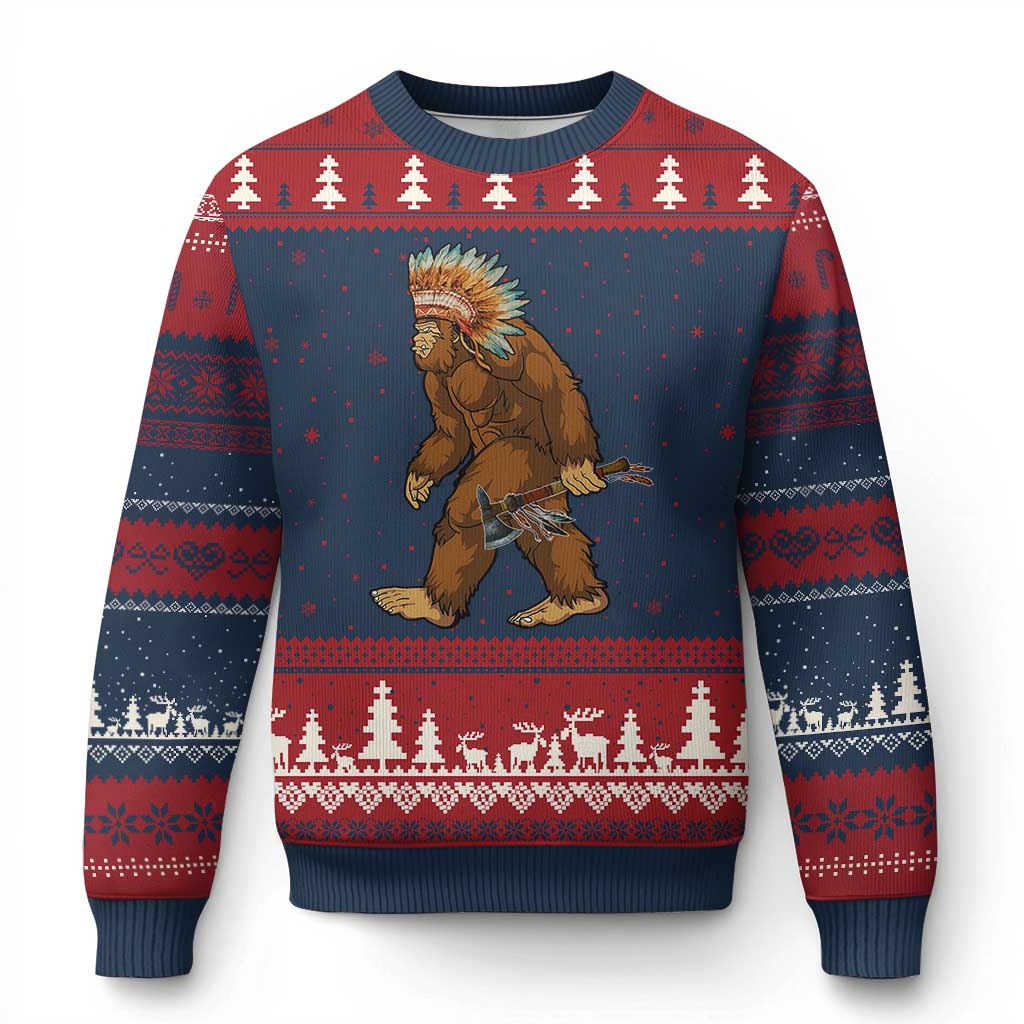 Funny Bigfoot American Indian Native Sasquatch Tomahawk Ugly Christmas Sweater - Wonder Print Shop