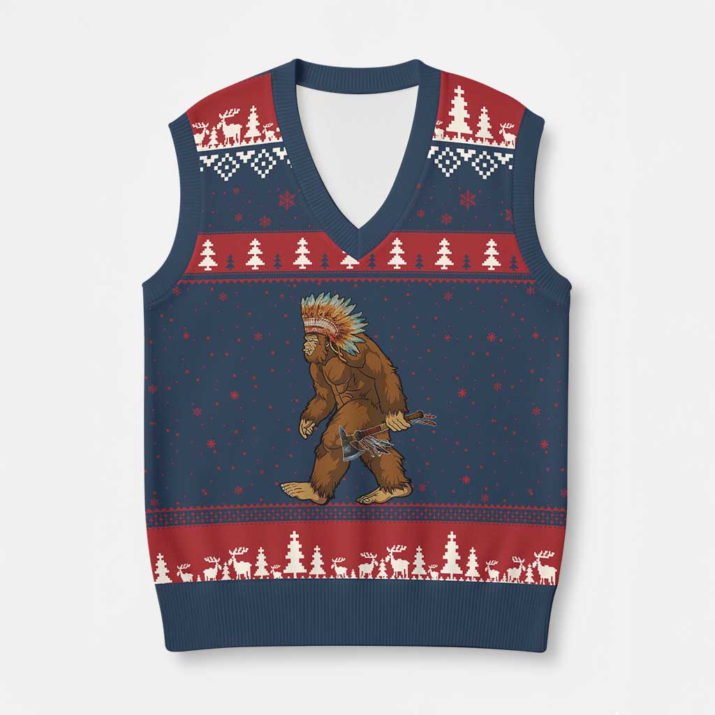 Funny Bigfoot American Indian Native Sasquatch Tomahawk V-Neck Knit Sweater Vest - Wonder Print Shop