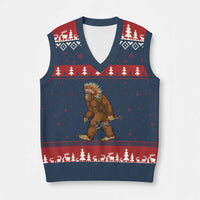 Funny Bigfoot American Indian Native Sasquatch Tomahawk V-Neck Knit Sweater Vest - Wonder Print Shop