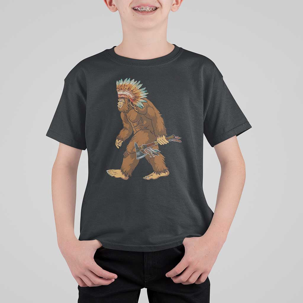 Funny Bigfoot American Indian Native Sasquatch Tomahawk T Shirt For Kid - Wonder Print Shop