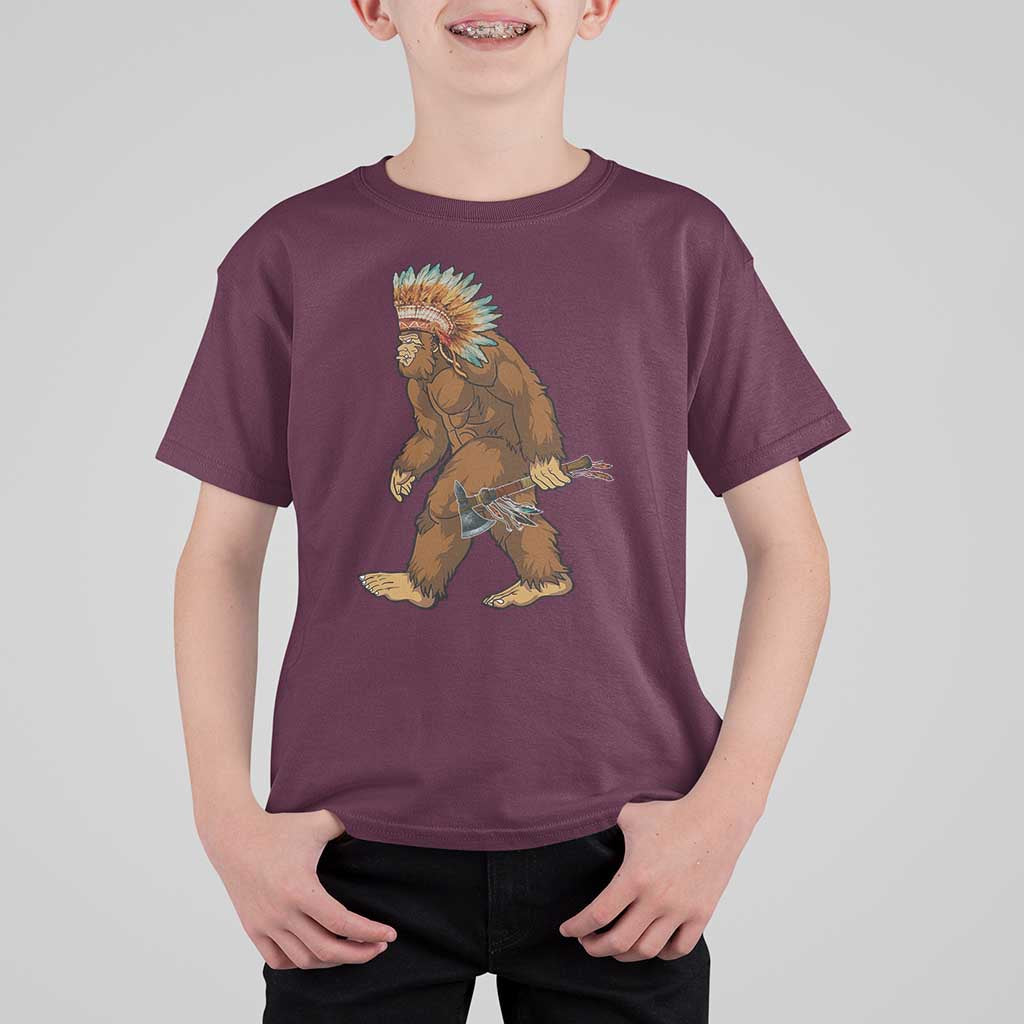Funny Bigfoot American Indian Native Sasquatch Tomahawk T Shirt For Kid - Wonder Print Shop