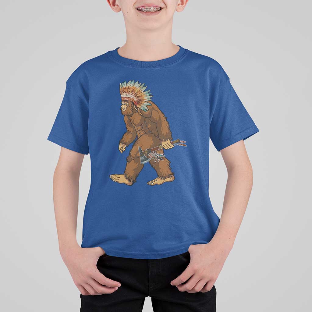 Funny Bigfoot American Indian Native Sasquatch Tomahawk T Shirt For Kid - Wonder Print Shop