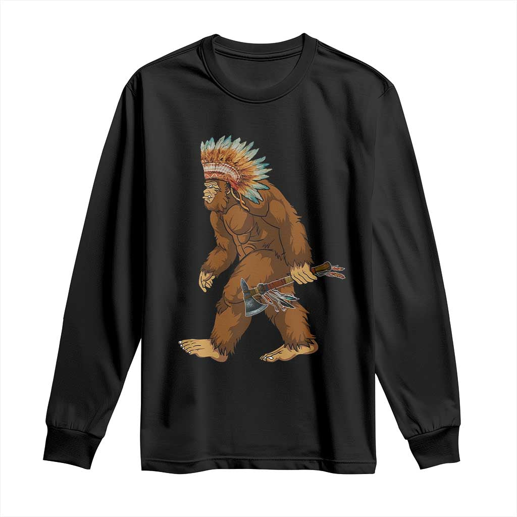 Funny Bigfoot American Indian Native Sasquatch Tomahawk Long Sleeve Shirt - Wonder Print Shop
