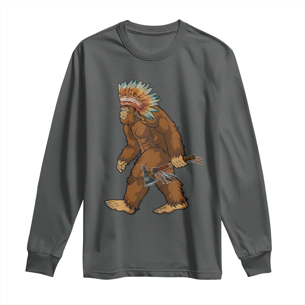 Funny Bigfoot American Indian Native Sasquatch Tomahawk Long Sleeve Shirt - Wonder Print Shop