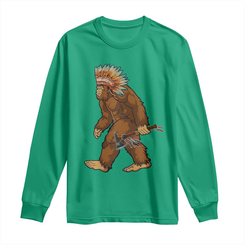 Funny Bigfoot American Indian Native Sasquatch Tomahawk Long Sleeve Shirt - Wonder Print Shop