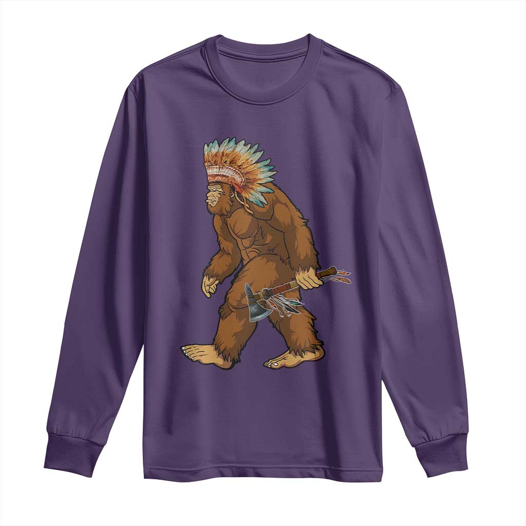 Funny Bigfoot American Indian Native Sasquatch Tomahawk Long Sleeve Shirt - Wonder Print Shop