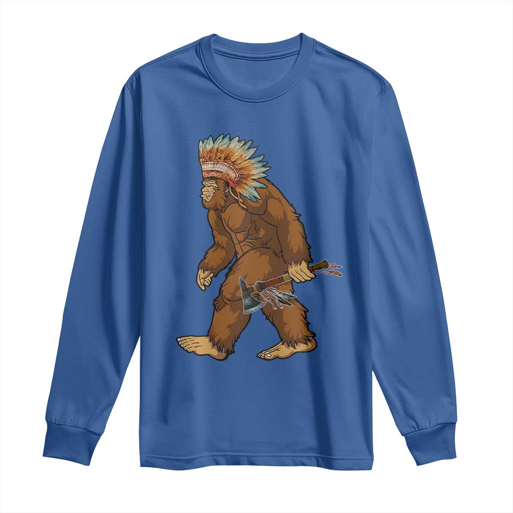 Funny Bigfoot American Indian Native Sasquatch Tomahawk Long Sleeve Shirt - Wonder Print Shop