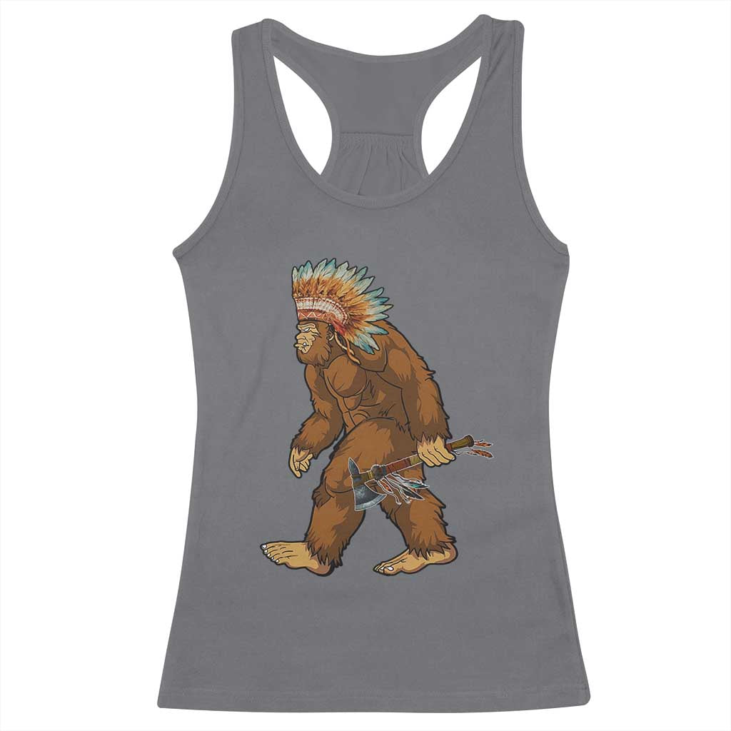 Funny Bigfoot American Indian Native Sasquatch Tomahawk Racerback Tank Top - Wonder Print Shop