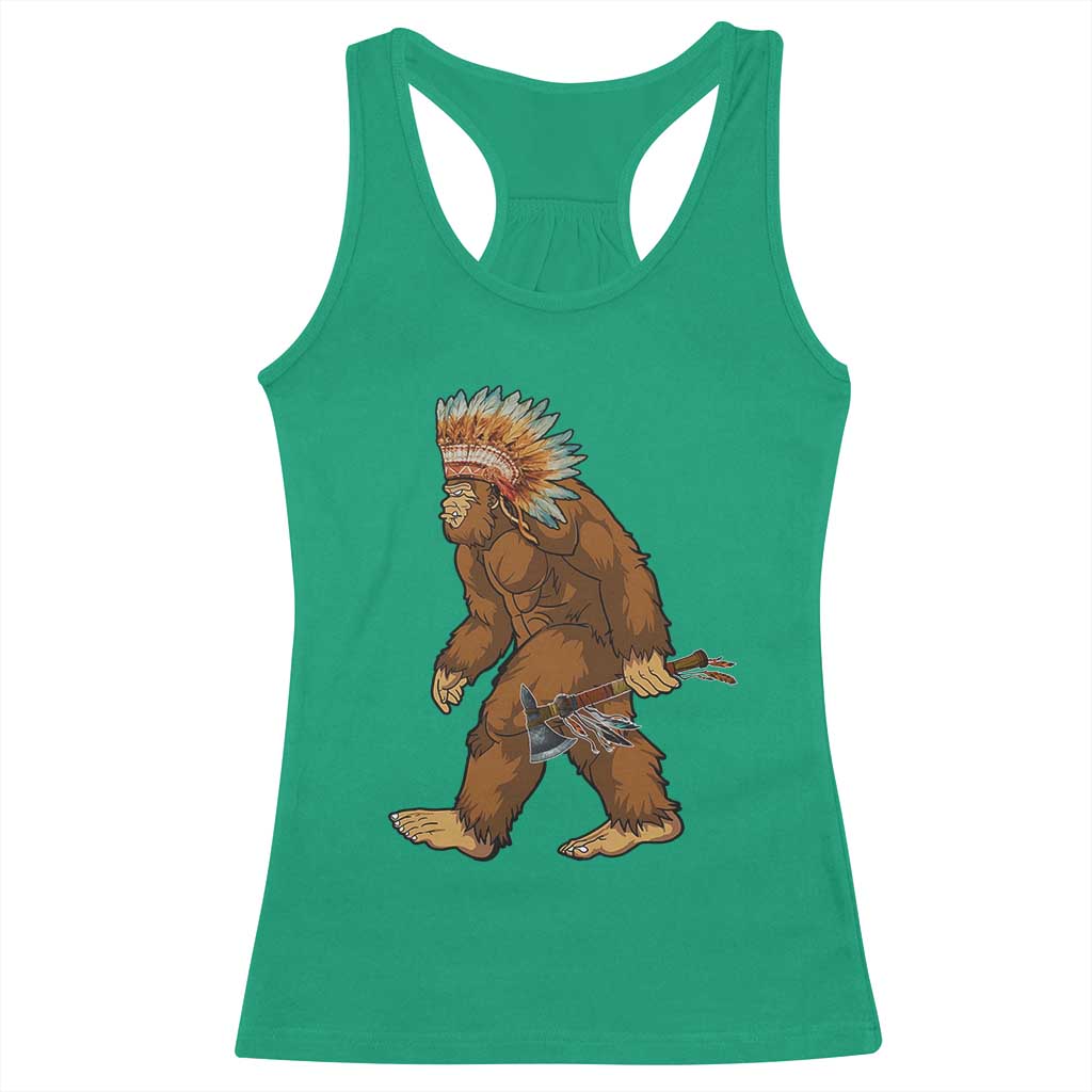Funny Bigfoot American Indian Native Sasquatch Tomahawk Racerback Tank Top - Wonder Print Shop