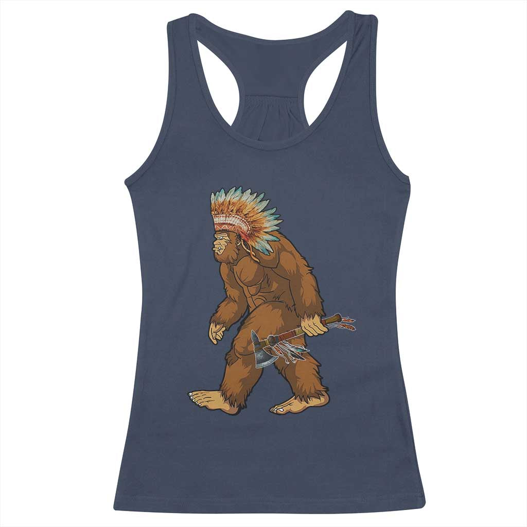 Funny Bigfoot American Indian Native Sasquatch Tomahawk Racerback Tank Top - Wonder Print Shop