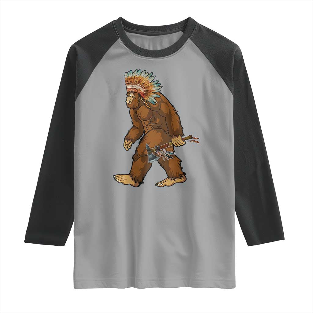 Funny Bigfoot American Indian Native Sasquatch Tomahawk Raglan Shirt - Wonder Print Shop