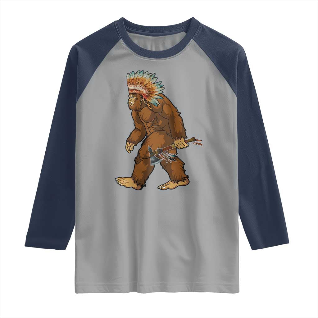 Funny Bigfoot American Indian Native Sasquatch Tomahawk Raglan Shirt - Wonder Print Shop
