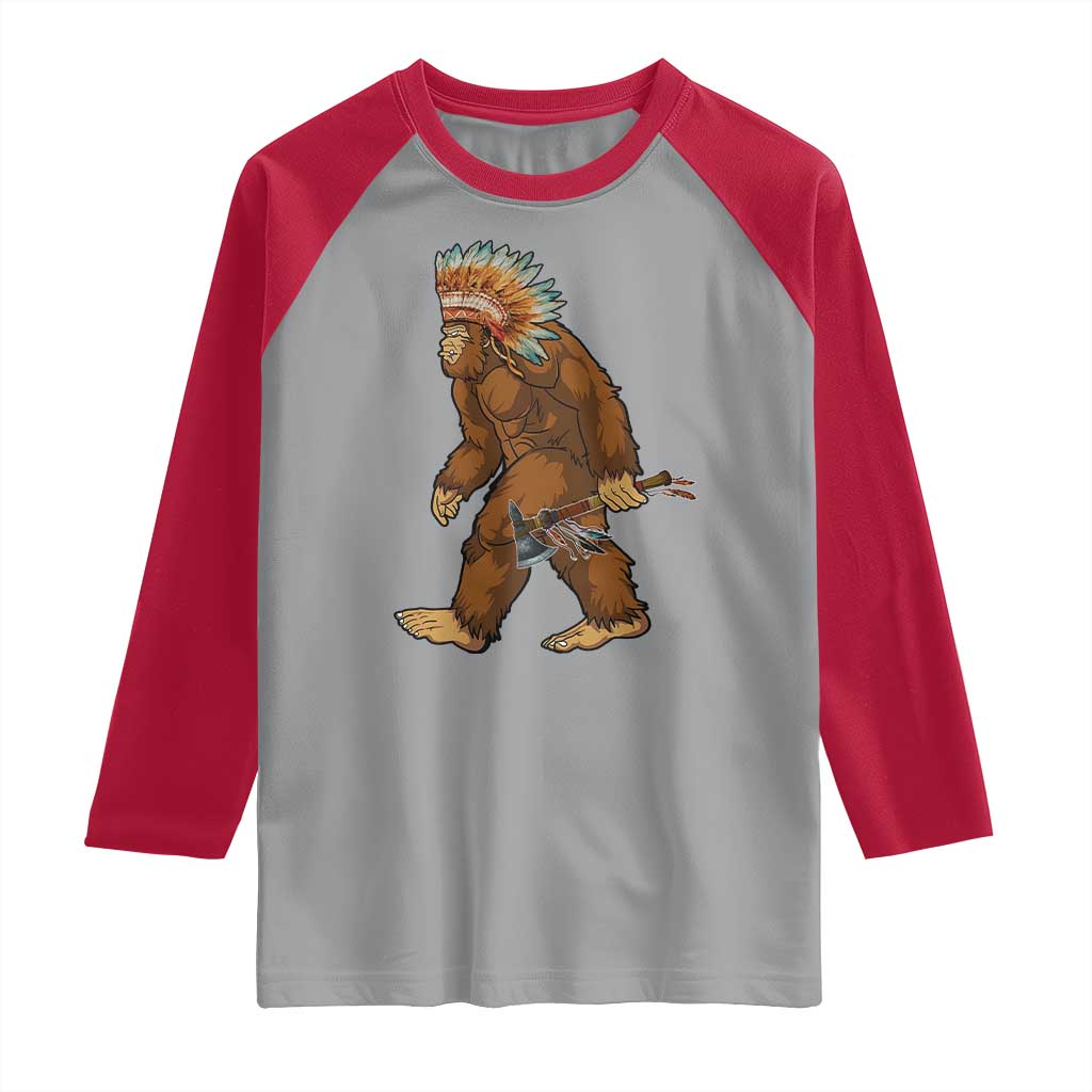 Funny Bigfoot American Indian Native Sasquatch Tomahawk Raglan Shirt - Wonder Print Shop