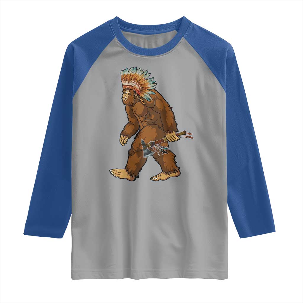 Funny Bigfoot American Indian Native Sasquatch Tomahawk Raglan Shirt - Wonder Print Shop