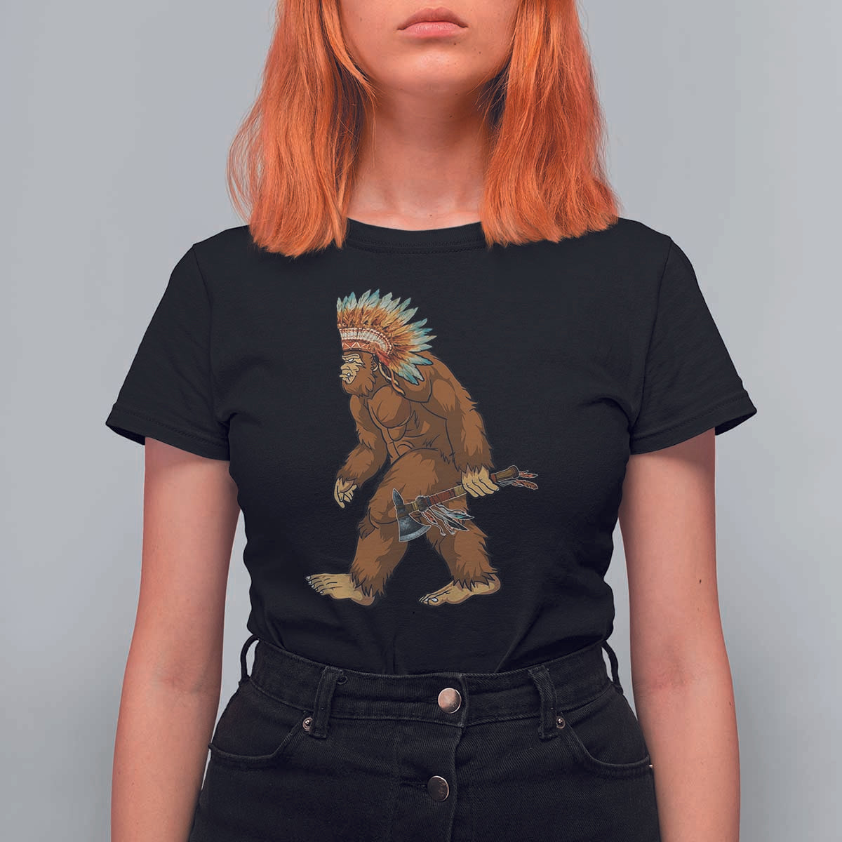 Funny Bigfoot American Indian Native Sasquatch Tomahawk T Shirt For Women - Wonder Print Shop