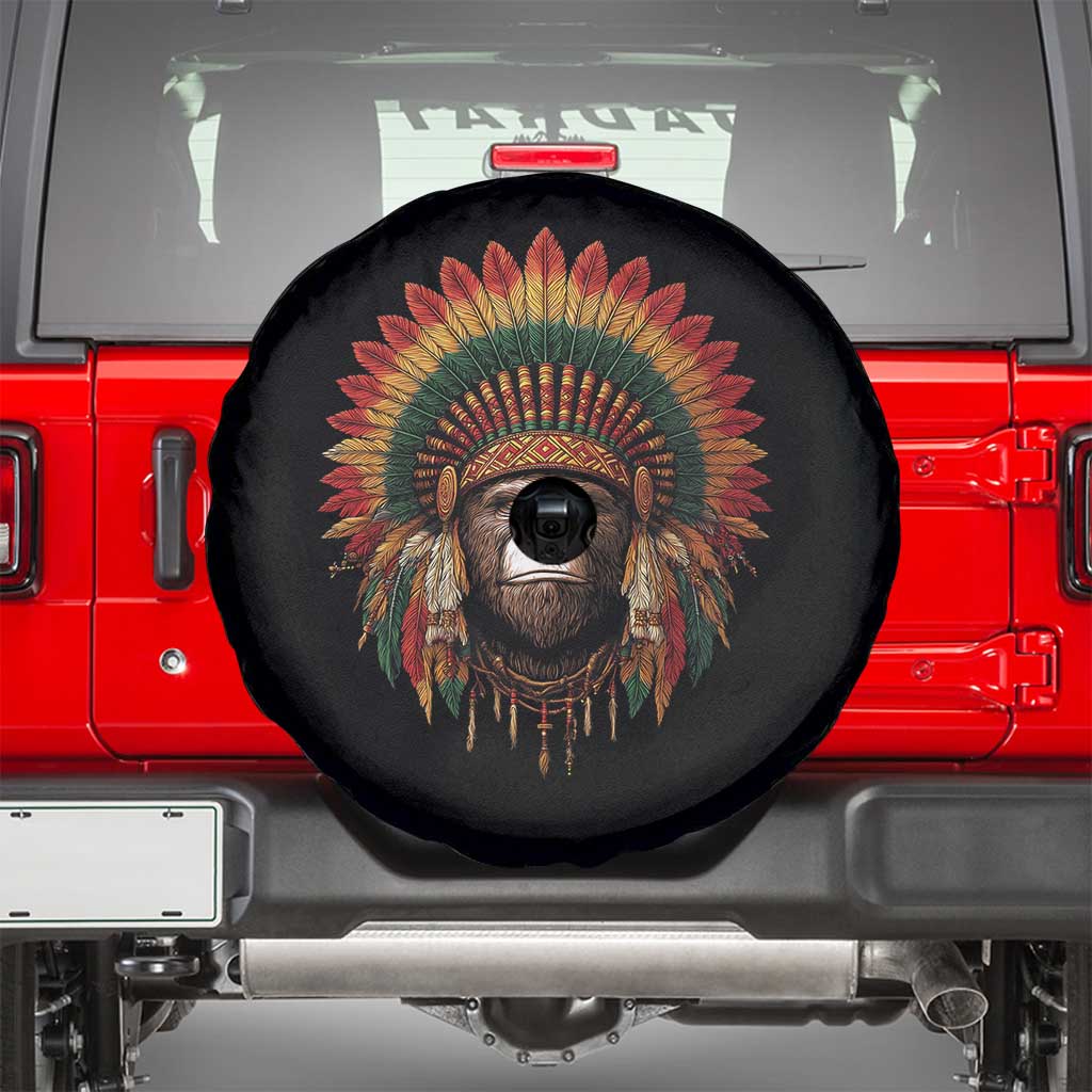 Bigfoot Native American Chief Sasquatch Wearing Headdress Spare Tire Cover - Wonder Print Shop