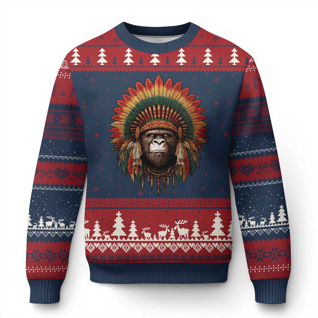 Bigfoot Native American Chief Sasquatch Wearing Headdress Ugly Christmas Sweater - Wonder Print Shop