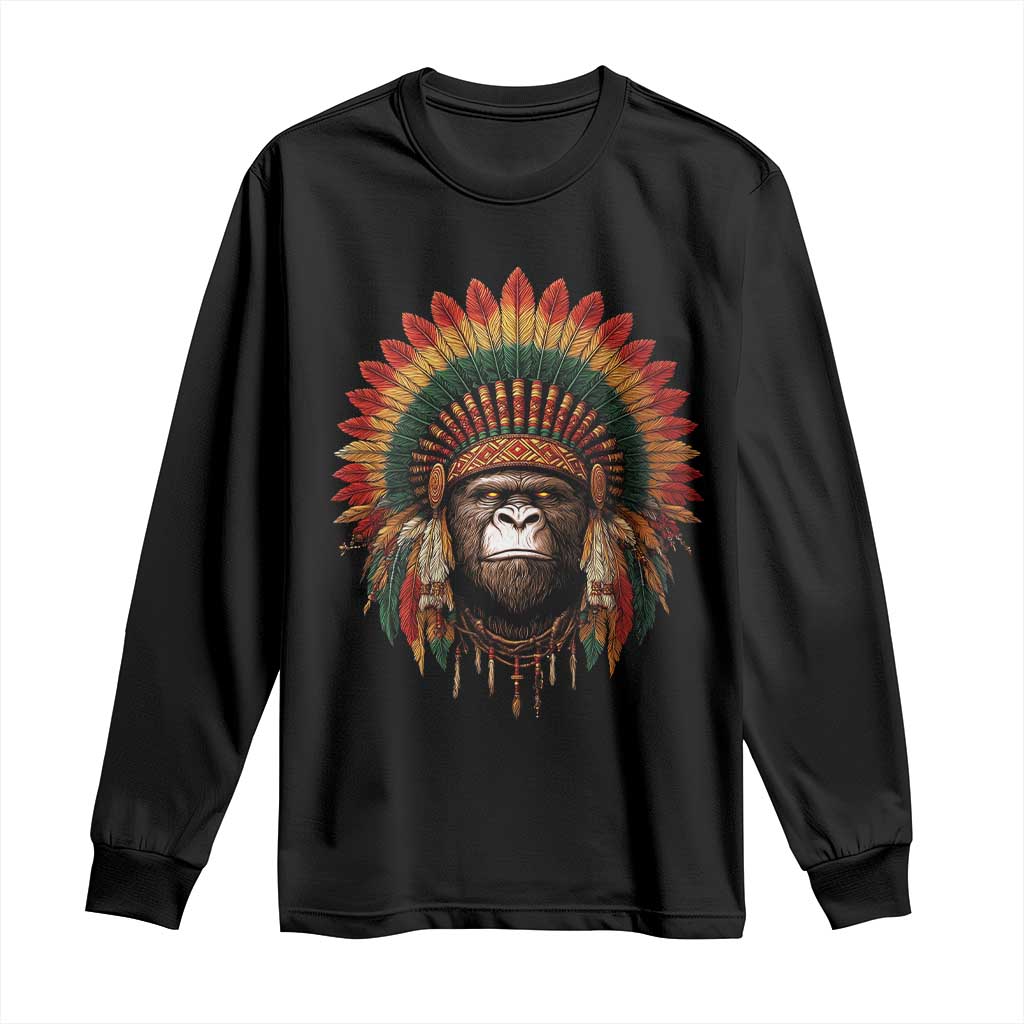 Bigfoot Native American Chief Sasquatch Wearing Headdress Long Sleeve Shirt - Wonder Print Shop