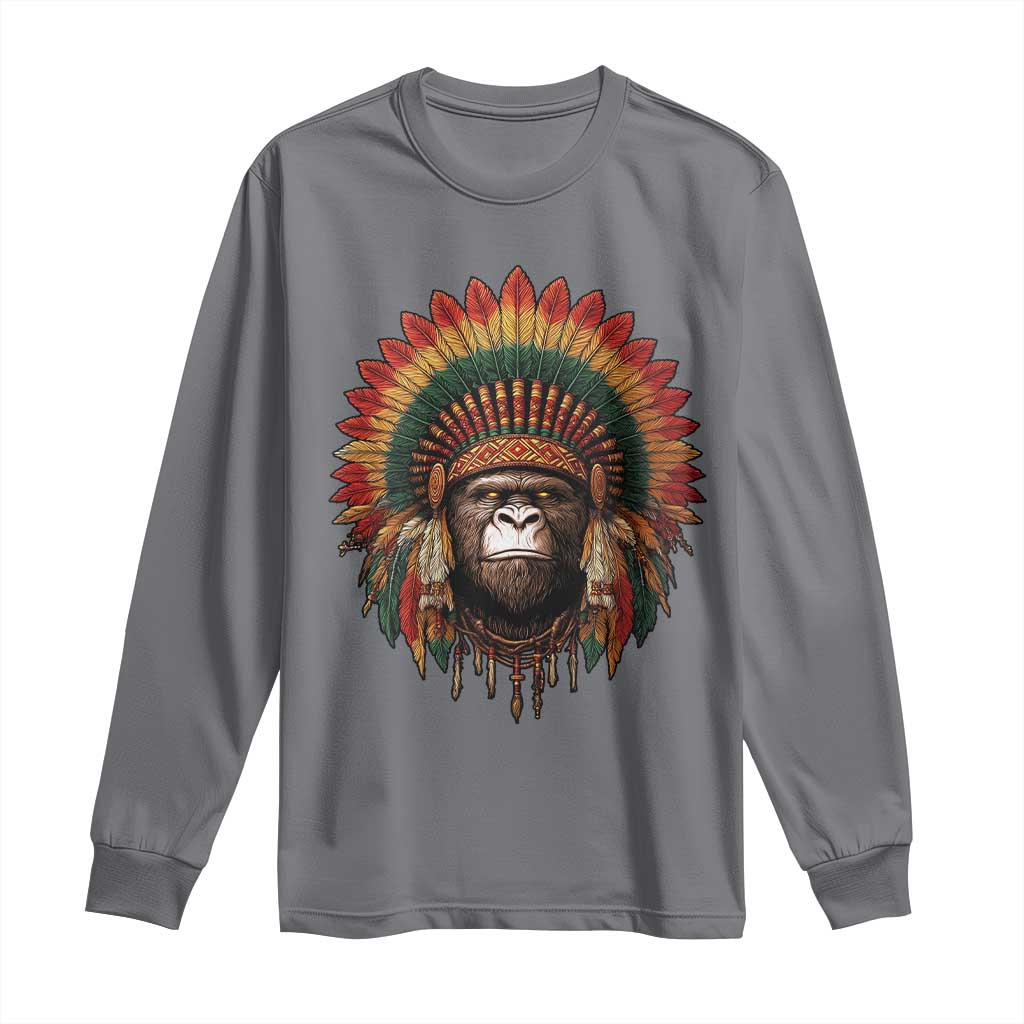 Bigfoot Native American Chief Sasquatch Wearing Headdress Long Sleeve Shirt - Wonder Print Shop