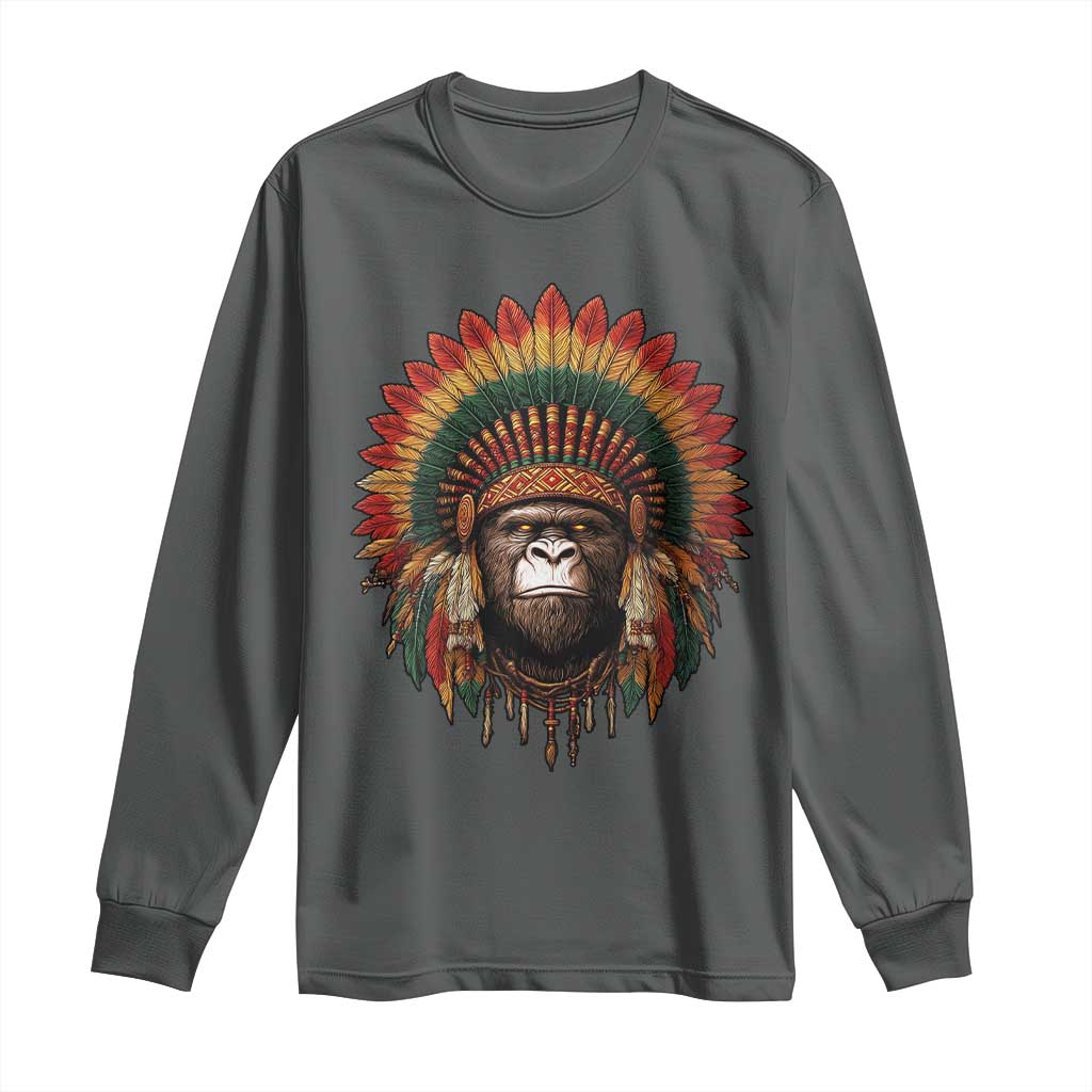 Bigfoot Native American Chief Sasquatch Wearing Headdress Long Sleeve Shirt - Wonder Print Shop