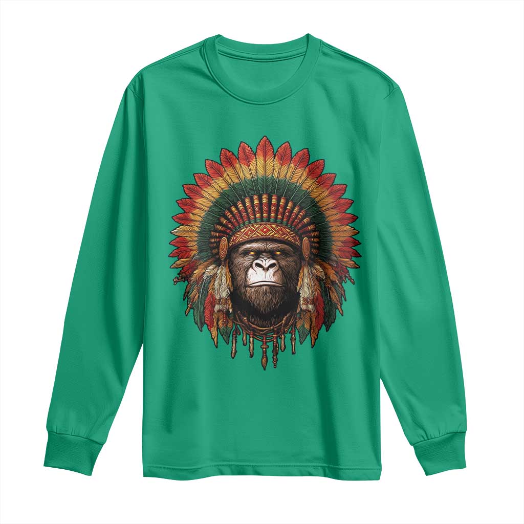 Bigfoot Native American Chief Sasquatch Wearing Headdress Long Sleeve Shirt - Wonder Print Shop