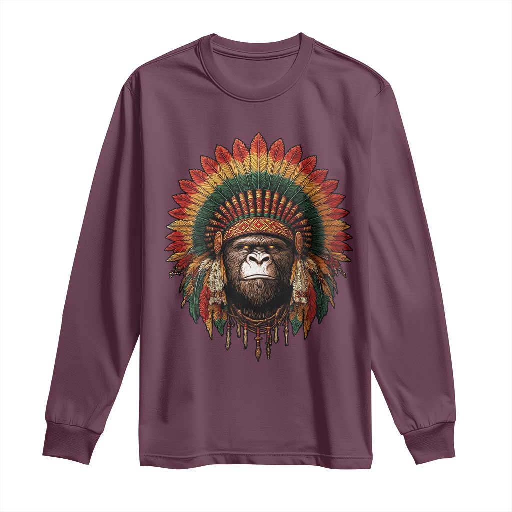 Bigfoot Native American Chief Sasquatch Wearing Headdress Long Sleeve Shirt - Wonder Print Shop