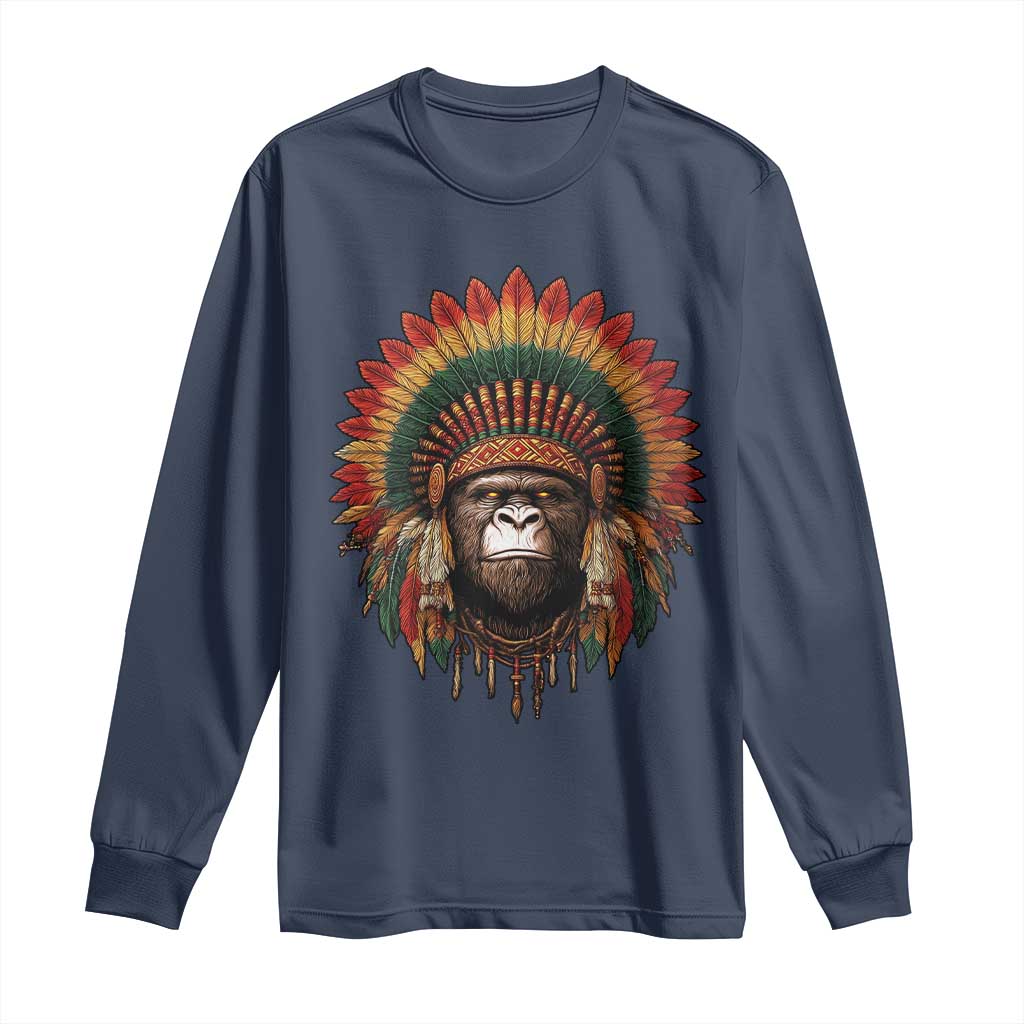 Bigfoot Native American Chief Sasquatch Wearing Headdress Long Sleeve Shirt - Wonder Print Shop