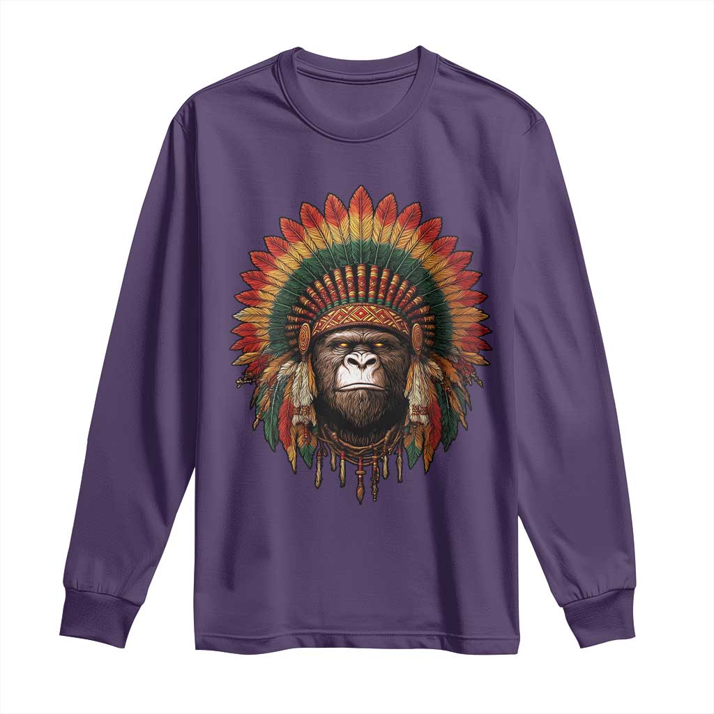 Bigfoot Native American Chief Sasquatch Wearing Headdress Long Sleeve Shirt - Wonder Print Shop