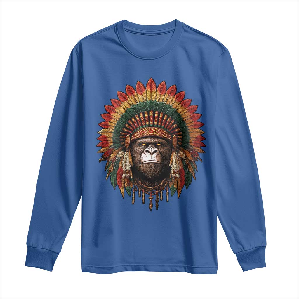 Bigfoot Native American Chief Sasquatch Wearing Headdress Long Sleeve Shirt - Wonder Print Shop