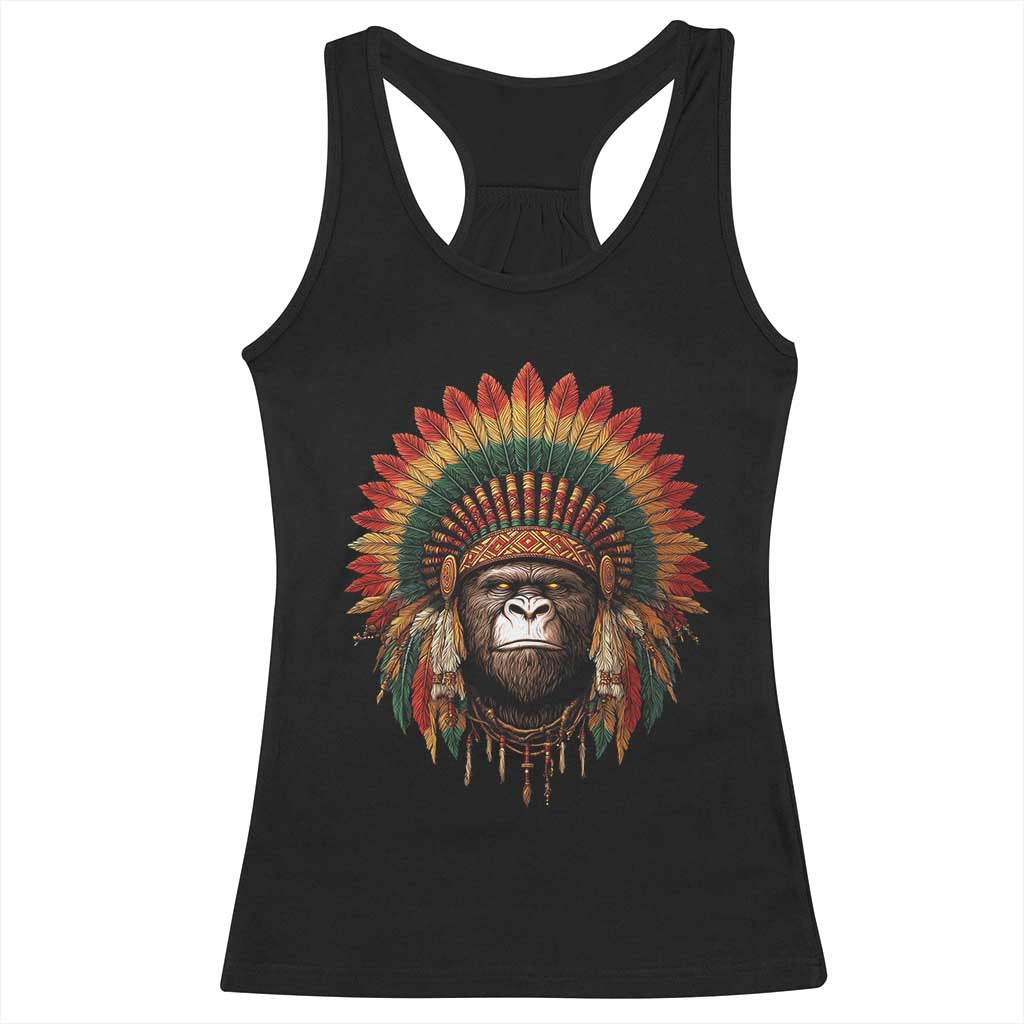 Bigfoot Native American Chief Sasquatch Wearing Headdress Racerback Tank Top - Wonder Print Shop