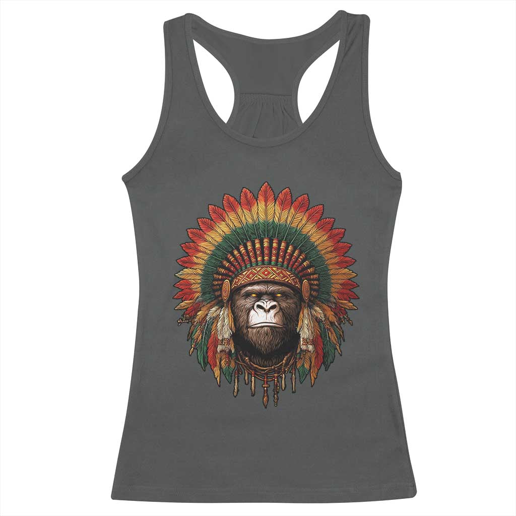 Bigfoot Native American Chief Sasquatch Wearing Headdress Racerback Tank Top - Wonder Print Shop