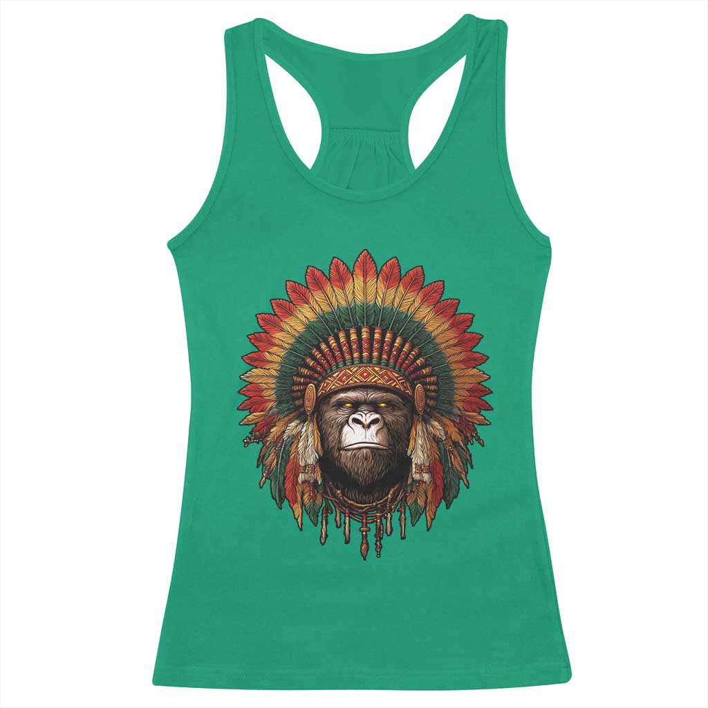 Bigfoot Native American Chief Sasquatch Wearing Headdress Racerback Tank Top - Wonder Print Shop