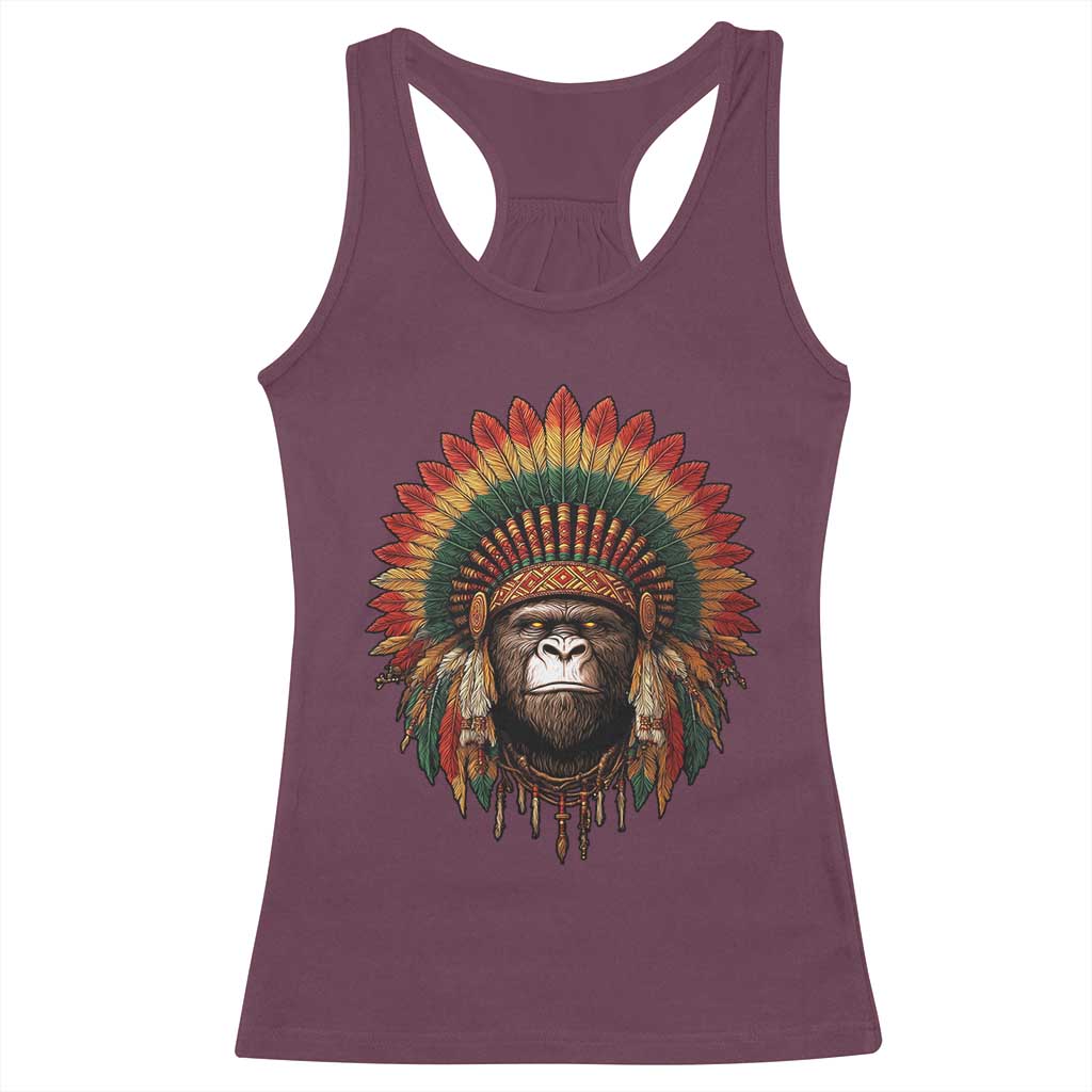 Bigfoot Native American Chief Sasquatch Wearing Headdress Racerback Tank Top - Wonder Print Shop