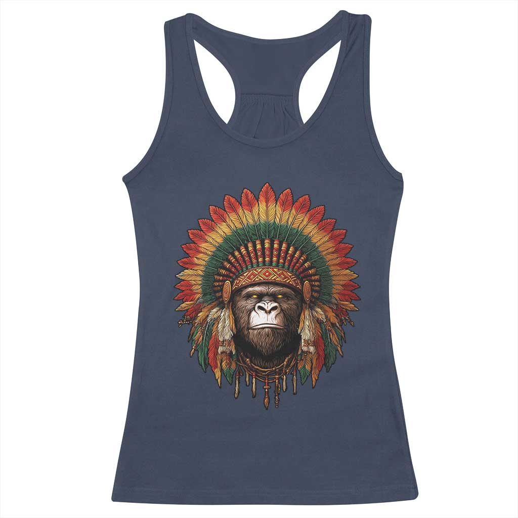 Bigfoot Native American Chief Sasquatch Wearing Headdress Racerback Tank Top - Wonder Print Shop
