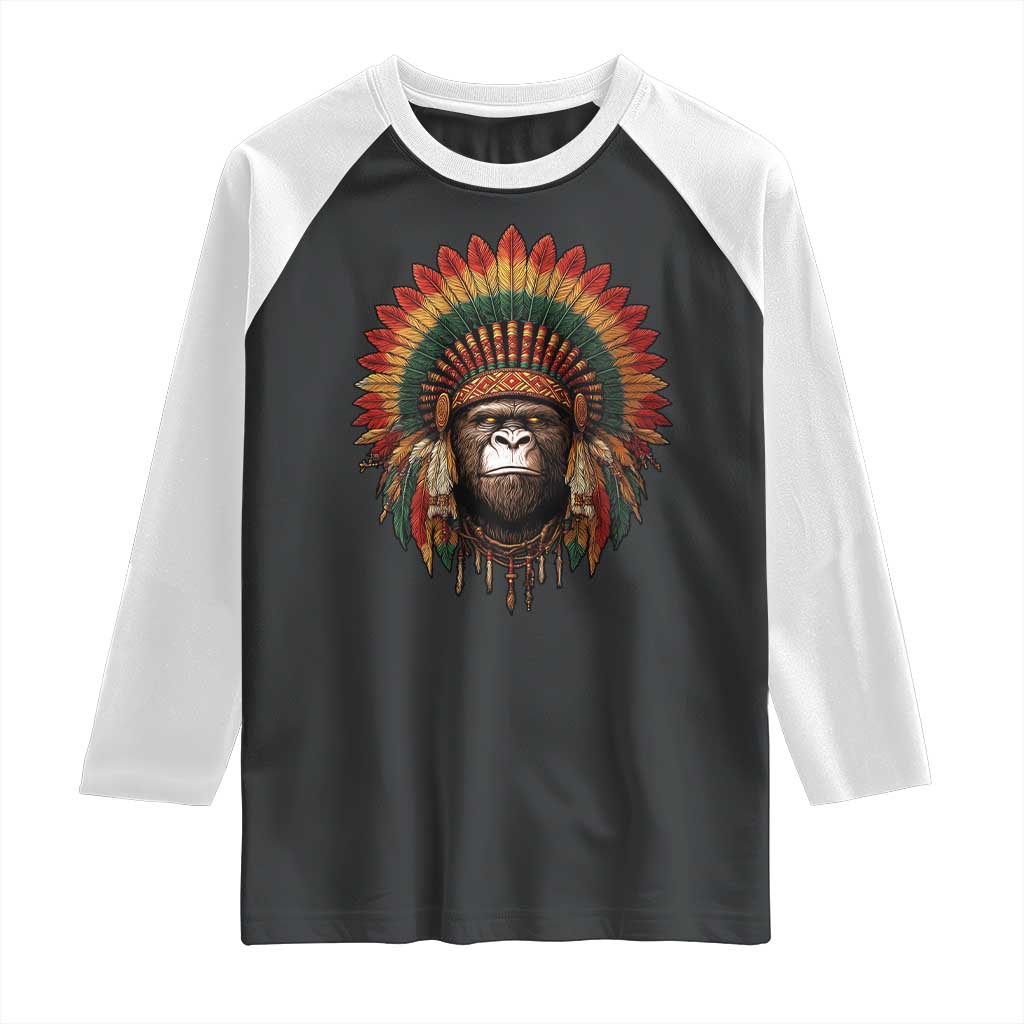 Bigfoot Native American Chief Sasquatch Wearing Headdress Raglan Shirt - Wonder Print Shop