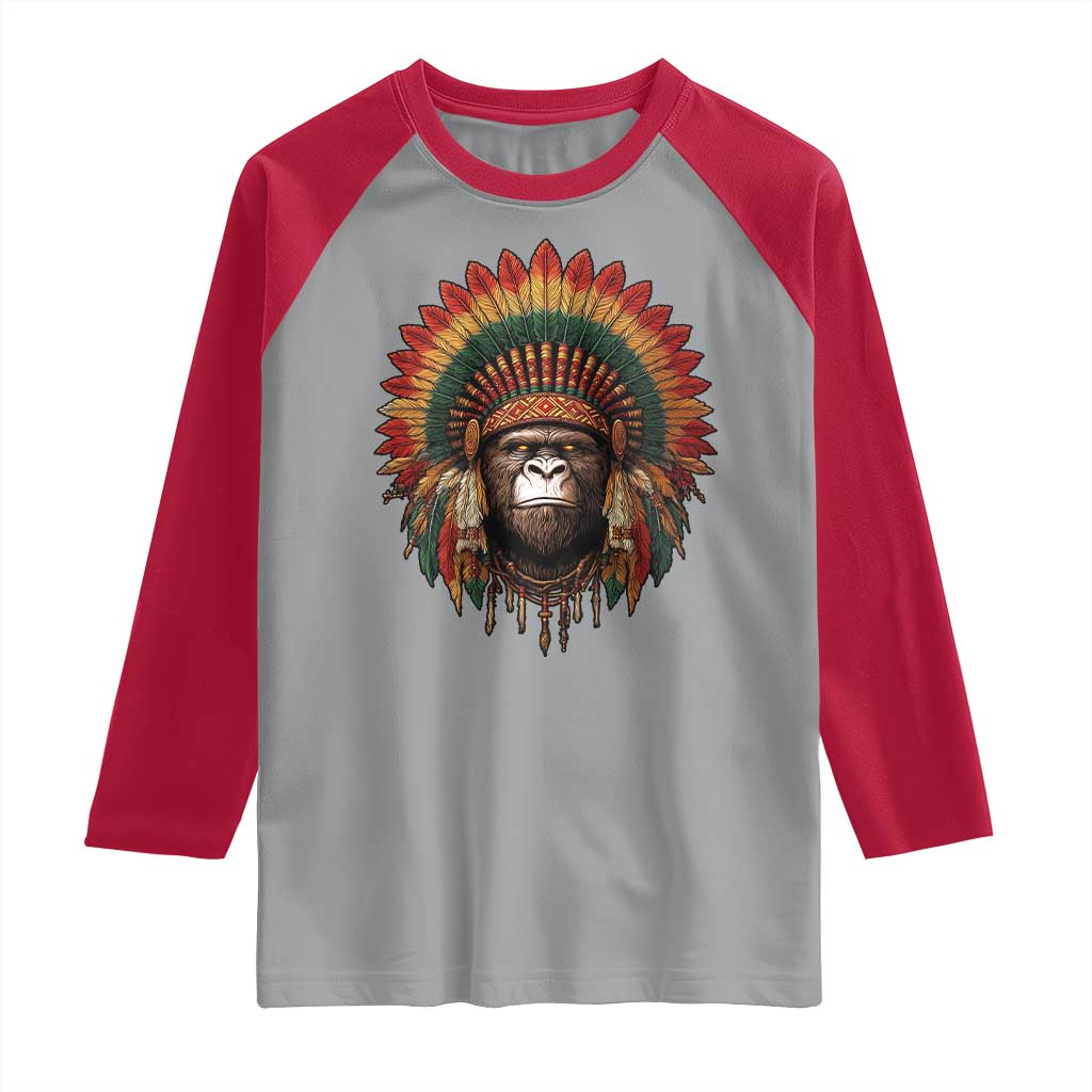 Bigfoot Native American Chief Sasquatch Wearing Headdress Raglan Shirt - Wonder Print Shop