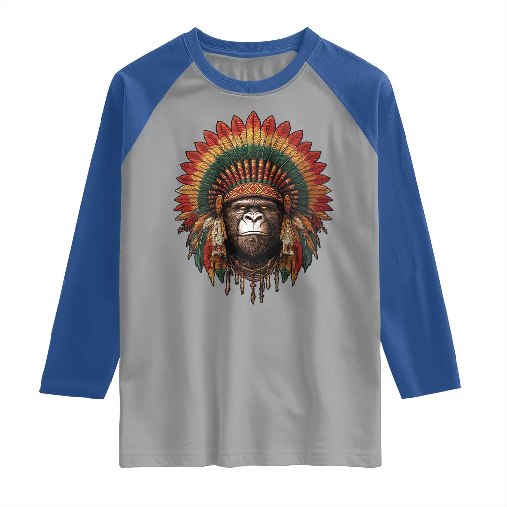 Bigfoot Native American Chief Sasquatch Wearing Headdress Raglan Shirt - Wonder Print Shop
