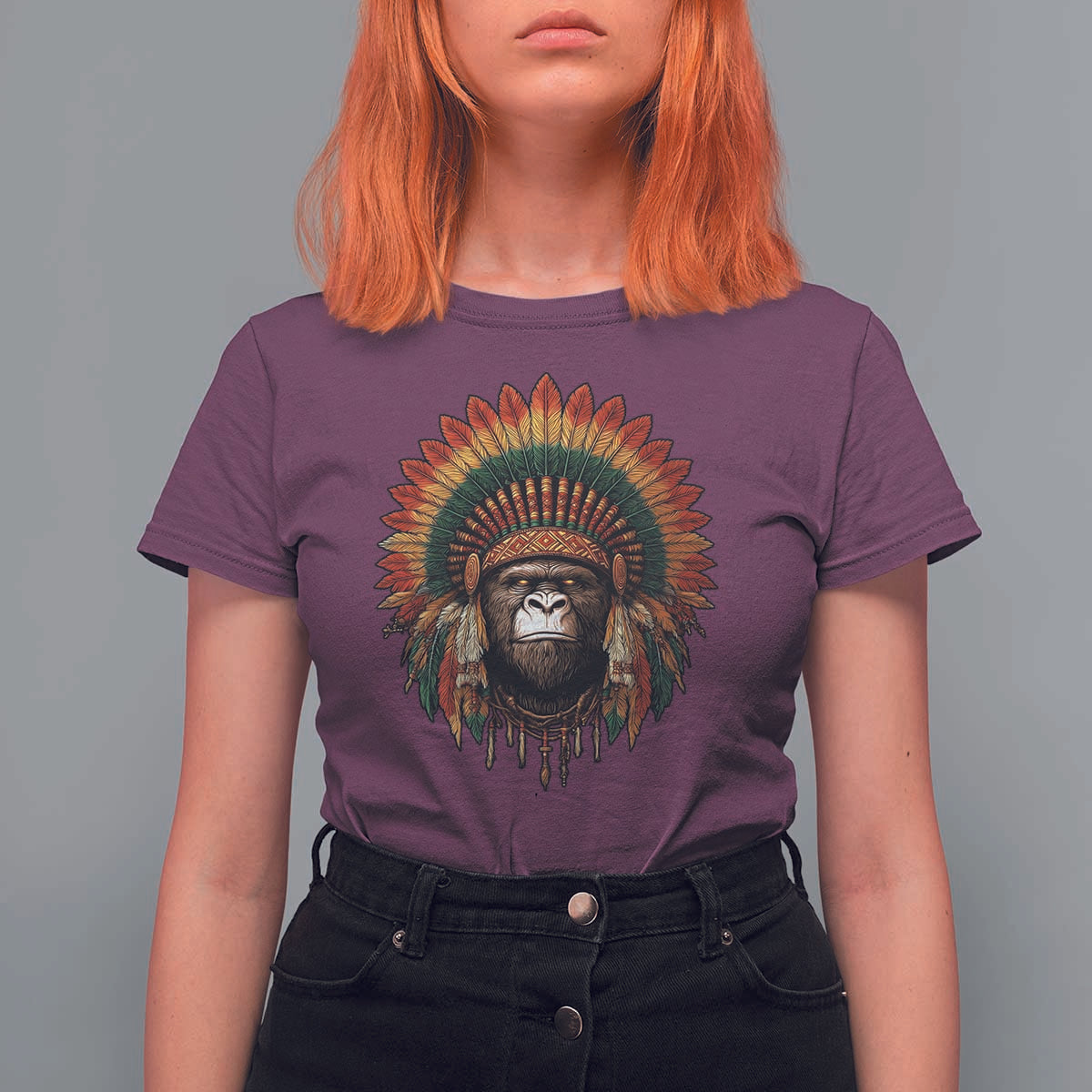 Bigfoot Native American Chief Sasquatch Wearing Headdress T Shirt For Women - Wonder Print Shop
