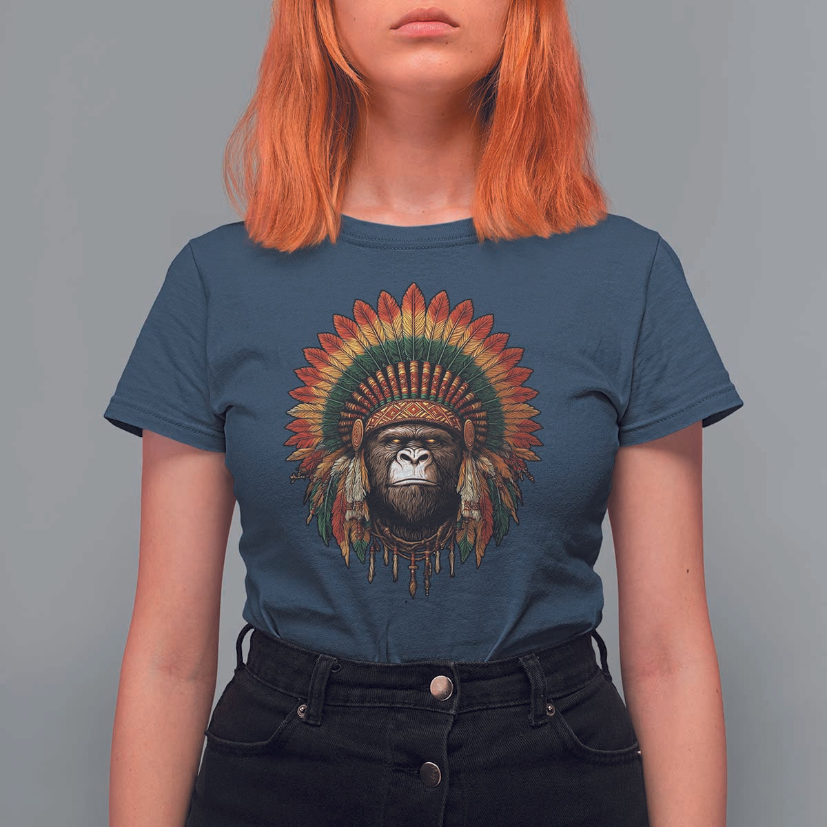 Bigfoot Native American Chief Sasquatch Wearing Headdress T Shirt For Women - Wonder Print Shop